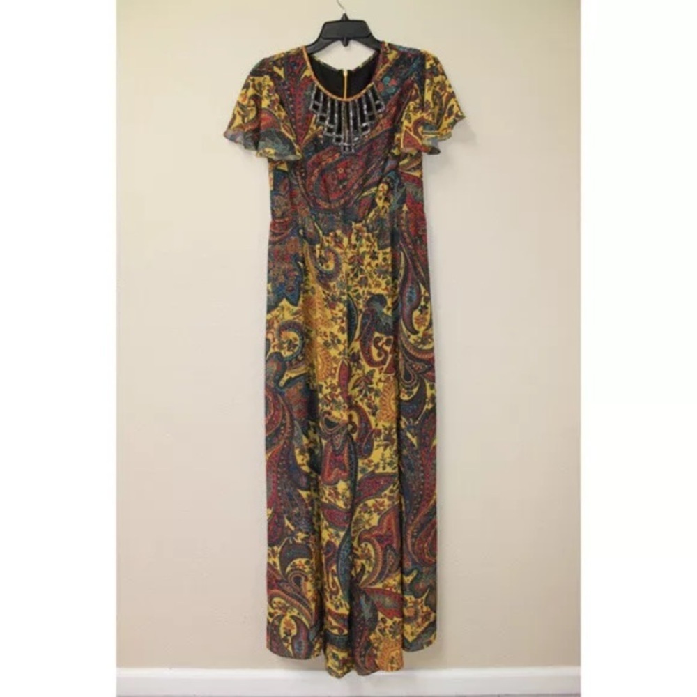 Anthropologie Ranna Gill Yellow Georgie‎ Embroidered Paisley Jumpsuit NWT size 6 - Picture 2 of 15